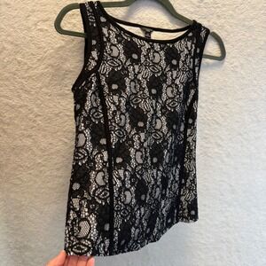 Ann Taylor Petite SP Black Floral Lace Sleeveless Tank Top Lined Career Blouse